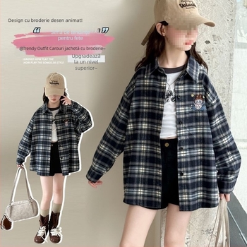 Cămașă pentru fete cu mânecă lungă, model carouri, țesătură din blană de iepure 80–90%, primăvara 2024