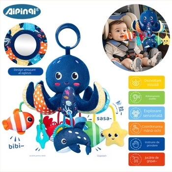 Aipinqi octopus pluș: agățător pentru cărucior și jucărie de tras – 25765A, ambalaj într-o pungă