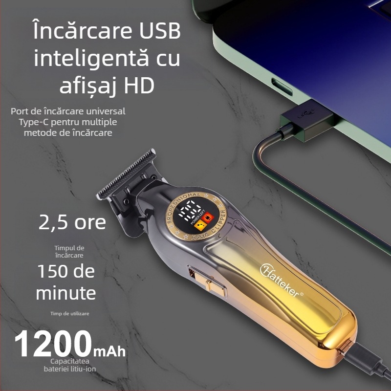 Mașină de tuns păr cu afișaj digital, baterie încorporată 1000–1200 mAh, cap de lamă detașabil și lavabil, lamă din oțel inoxidabil, motor cu perii
