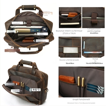 Geantă de afaceri din piele naturală, model 5117, piele de vită de înaltă calitate (Top Grain), căptușeală poliester-bumbac, stil: călători i de afaceri (Model 5117; Top Grain; Polyester-Cotton Lining)