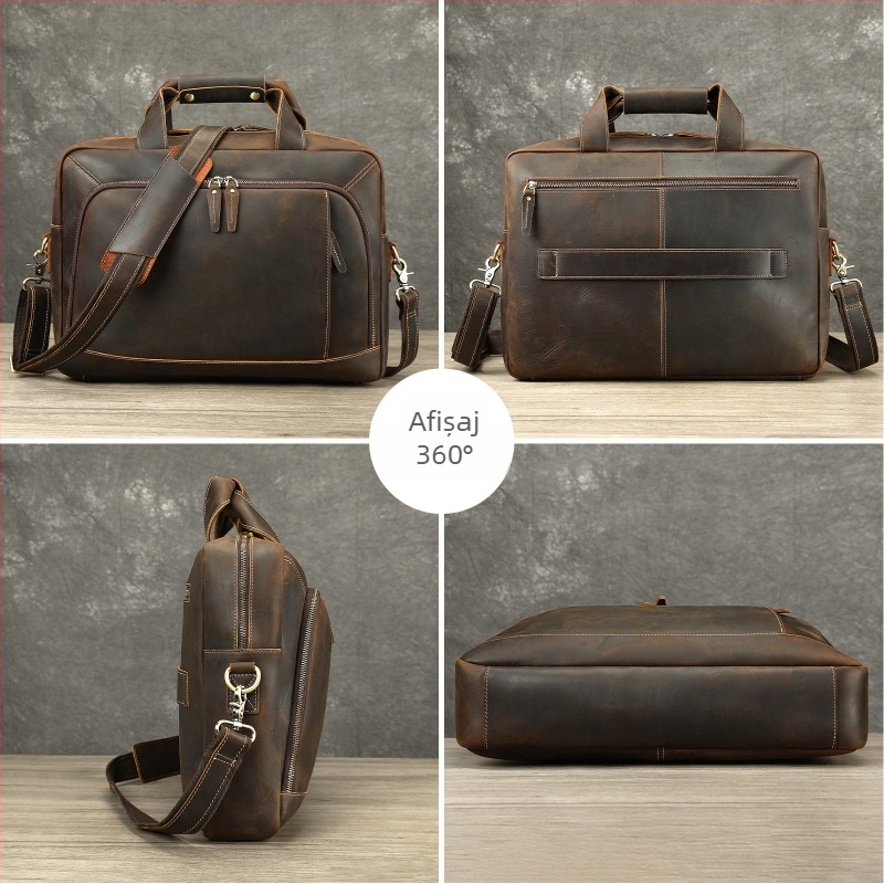 Geantă de afaceri din piele naturală, model 5117, piele de vită de înaltă calitate (Top Grain), căptușeală poliester-bumbac, stil: călători i de afaceri (Model 5117; Top Grain; Polyester-Cotton Lining)