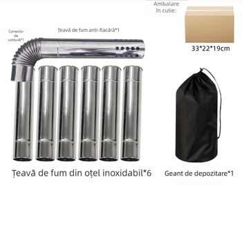 Set țevi de fum pentru foc de tabără din oțel inoxidabil, 8 secțiuni, cap curbat – rezistent la vânt, la ploaie, protecție împotriva scânteilor
