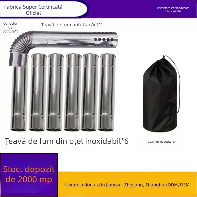 Set țevi de fum pentru foc de tabără din oțel inoxidabil, 8 secțiuni, cap curbat – rezistent la vânt, la ploaie, protecție împotriva scânteilor