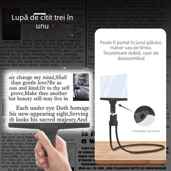 Lupă de lectură pentru gât pentru vârstnici, lupă de pagină întreagă cu LED HD, 3 în 1: gât/ mână/ masă