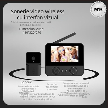 Sonerie video pentru ușă cu cameră și vizualizare pe timp de noapte, utilizare în interior, model M15, alimentare 110–220V, tonuri de apel variate.