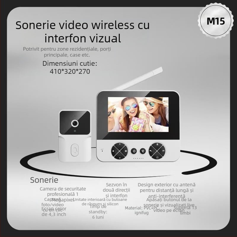 Sonerie video pentru ușă cu cameră și vizualizare pe timp de noapte, utilizare în interior, model M15, alimentare 110–220V, tonuri de apel variate.