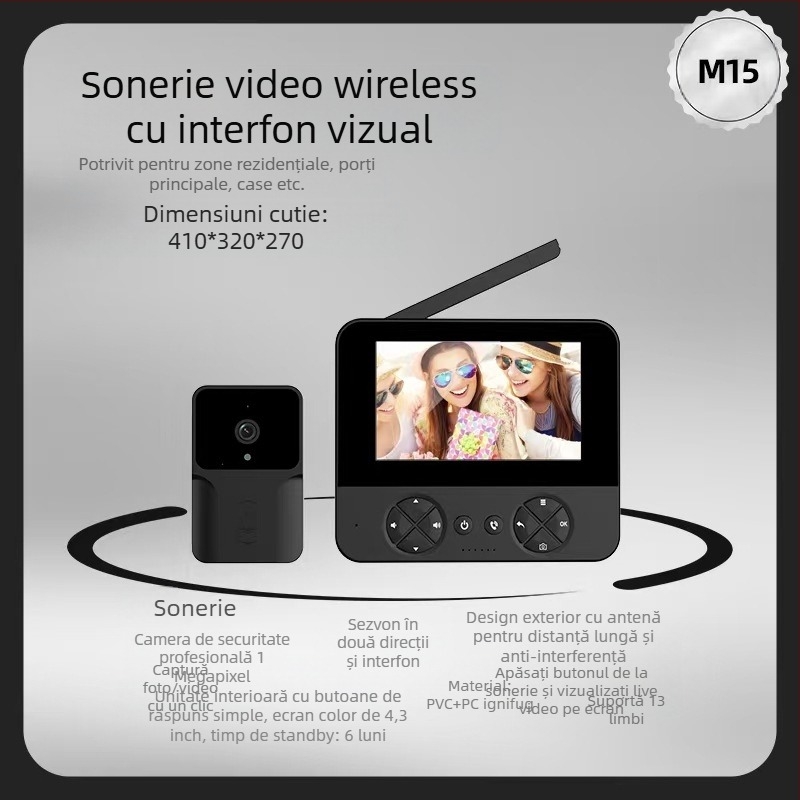 Sonerie video pentru ușă cu cameră și vizualizare pe timp de noapte, utilizare în interior, model M15, alimentare 110–220V, tonuri de apel variate.