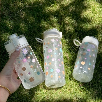 Tumbler din plastic pentru apă, capac etanș cu închidere, model floral, material PC, stil coreean cu șnur de purtare