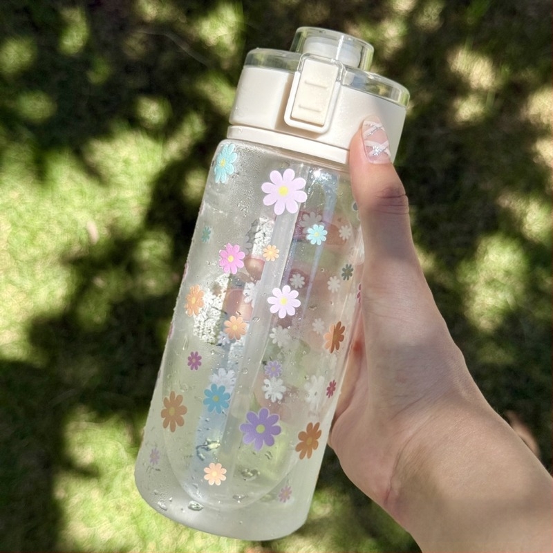 Tumbler din plastic pentru apă, capac etanș cu închidere, model floral, material PC, stil coreean cu șnur de purtare