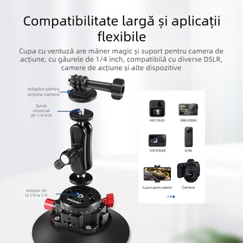 Neewer Cap de Gimbal cu Ventuză din Aluminiu pentru Cameră/Telefon/GoPro — Aspirație Puternică, Montură Auto Stabilă
