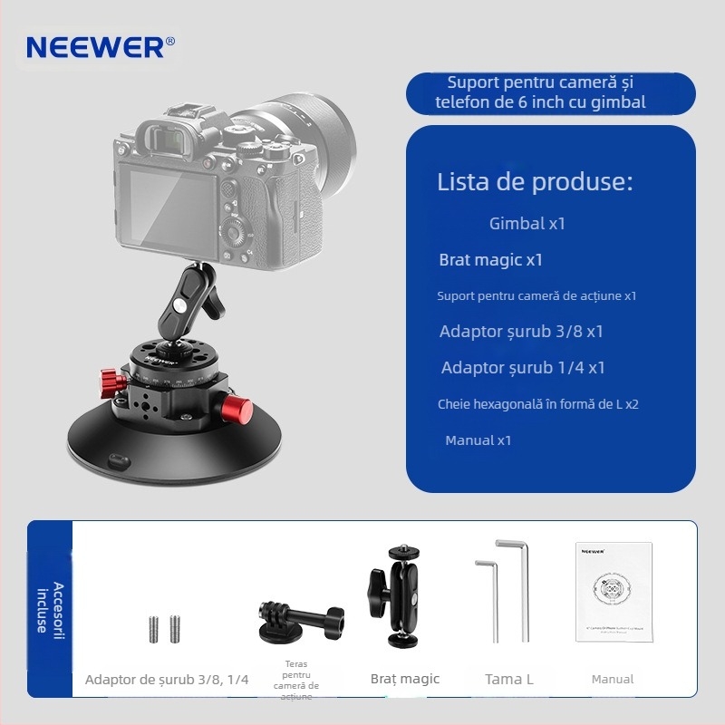 Neewer Cap de Gimbal cu Ventuză din Aluminiu pentru Cameră/Telefon/GoPro — Aspirație Puternică, Montură Auto Stabilă