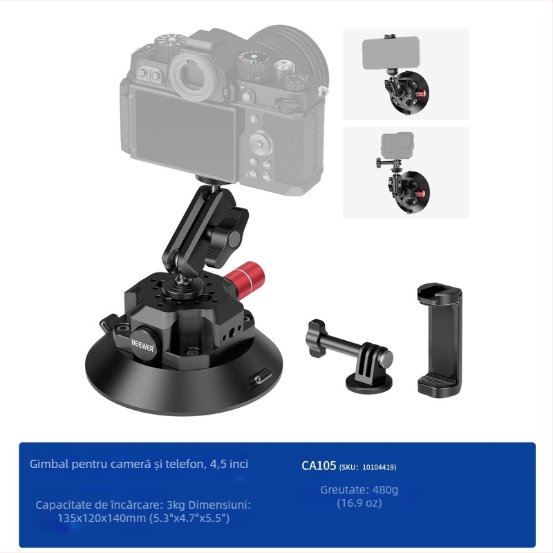 Neewer Cap de Gimbal cu Ventuză din Aluminiu pentru Cameră/Telefon/GoPro — Aspirație Puternică, Montură Auto Stabilă