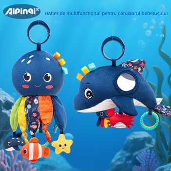 Aipinqi Jucărie de pluș pentru bebeluși – Agățător auto multifuncțional, Design caracatiță marină, Dinți pentru dentiție și hârtie crinkle, Cârlig de atașare