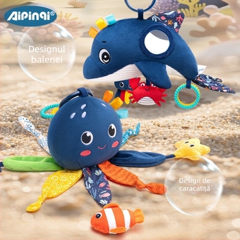 Aipinqi Jucărie de pluș pentru bebeluși – Agățător auto multifuncțional, Design caracatiță marină, Dinți pentru dentiție și hârtie crinkle, Cârlig de atașare