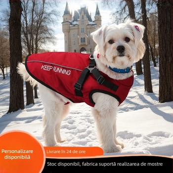 Palton pentru câini din poliester, căptușeală din fleece, imprimé, bandă reflectorizantă și fermoar.