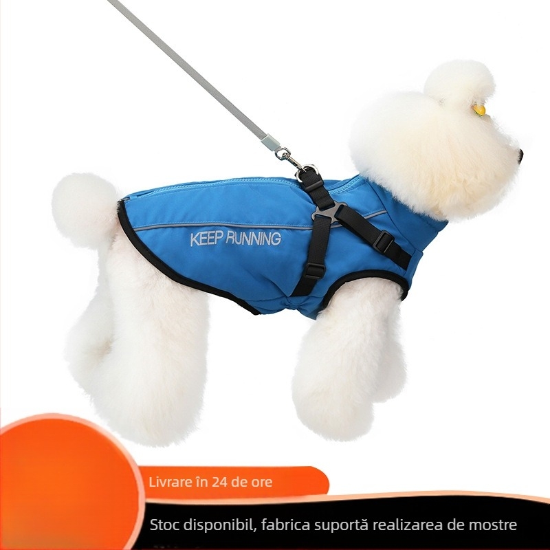 Palton pentru câini din poliester, căptușeală din fleece, imprimé, bandă reflectorizantă și fermoar.