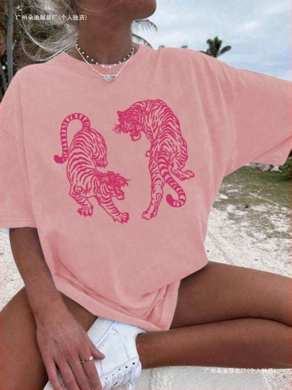 Tricou din bumbac imprimat, guler rotund, mâneci scurte, croială lejeră (vară 2025)