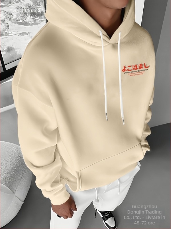 Hanorac pentru bărbați cu glugă, croială largă - imprimare Tokyo cu flori de cireș și design japonez (96% poliester, mâneci lungi)