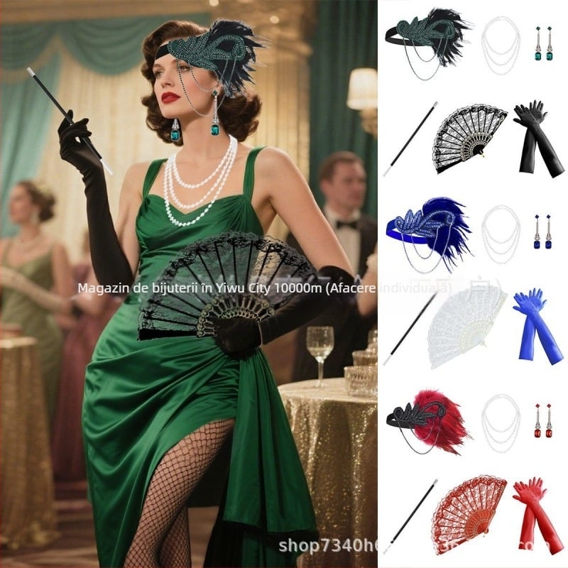 Set de accesorii pentru păr cu pene și perle artificiale pentru copii - stil retro anii 1920, include accesorii pentru urechi, gât și mâini