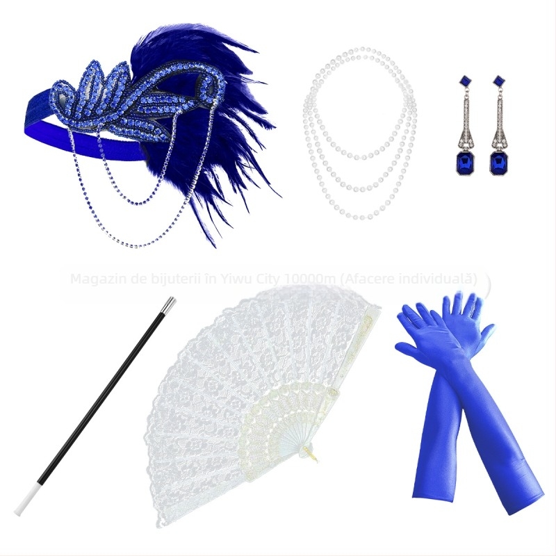 Set de accesorii pentru păr cu pene și perle artificiale pentru copii - stil retro anii 1920, include accesorii pentru urechi, gât și mâini