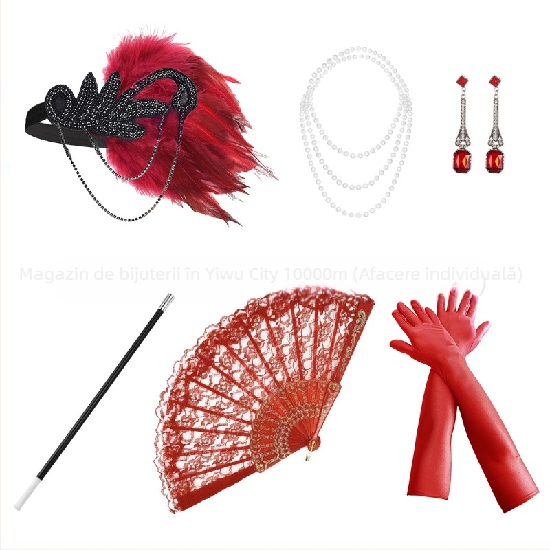 Set de accesorii pentru păr cu pene și perle artificiale pentru copii - stil retro anii 1920, include accesorii pentru urechi, gât și mâini