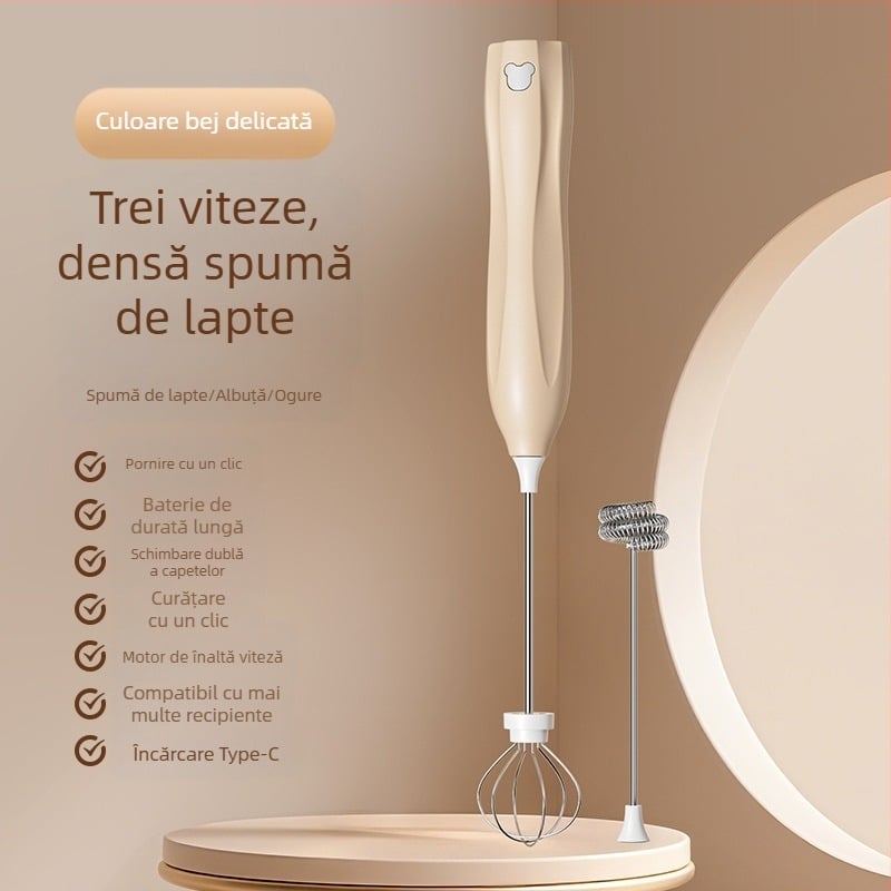 Mixer electric de mână fără fir cu 3 trepte, spumator de lapte și tel pentru ouă, 150W, model D6
