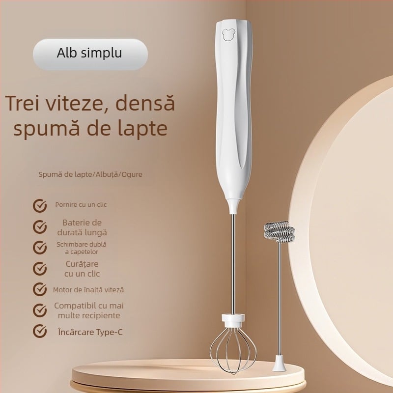 Mixer electric de mână fără fir cu 3 trepte, spumator de lapte și tel pentru ouă, 150W, model D6