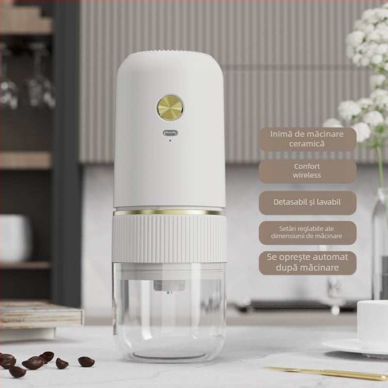 Măcinător electric de cafea pentru uz casnic, compact, reîncărcabil, corp din plastic, greutate 0,5 kg