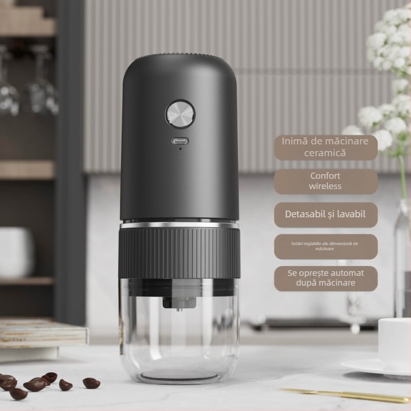 Măcinător electric de cafea pentru uz casnic, compact, reîncărcabil, corp din plastic, greutate 0,5 kg