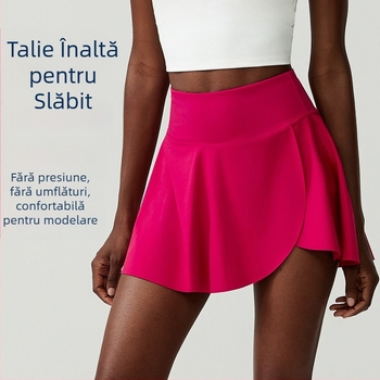 Fustă sport pentru tenis și alergare, cu material Naked Feel Nylon și căptușeală CoolMax, model în dungă; 75% Nylon + 25% Spandex; căptușeală: 31% CoolMax + 61% Polyester + 8% Spandex; potrivită pentru vară, primăvară, toamnă