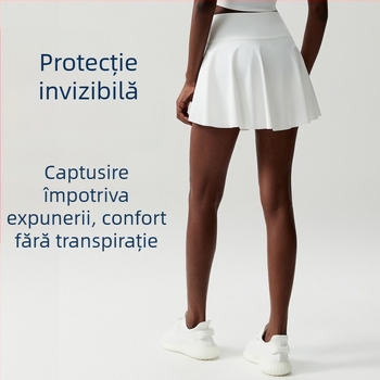 Fustă sport pentru tenis și alergare, cu material Naked Feel Nylon și căptușeală CoolMax, model în dungă; 75% Nylon + 25% Spandex; căptușeală: 31% CoolMax + 61% Polyester + 8% Spandex; potrivită pentru vară, primăvară, toamnă