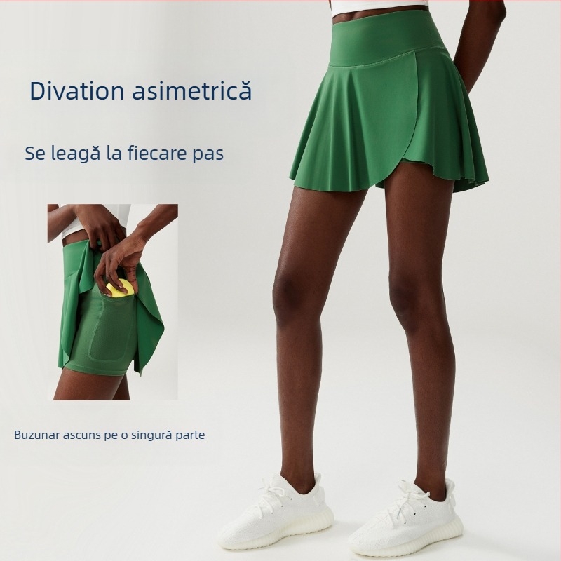 Fustă sport pentru tenis și alergare, cu material Naked Feel Nylon și căptușeală CoolMax, model în dungă; 75% Nylon + 25% Spandex; căptușeală: 31% CoolMax + 61% Polyester + 8% Spandex; potrivită pentru vară, primăvară, toamnă