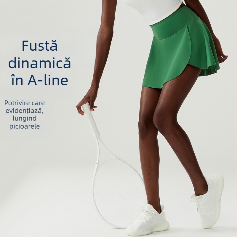 Fustă sport pentru tenis și alergare, cu material Naked Feel Nylon și căptușeală CoolMax, model în dungă; 75% Nylon + 25% Spandex; căptușeală: 31% CoolMax + 61% Polyester + 8% Spandex; potrivită pentru vară, primăvară, toamnă