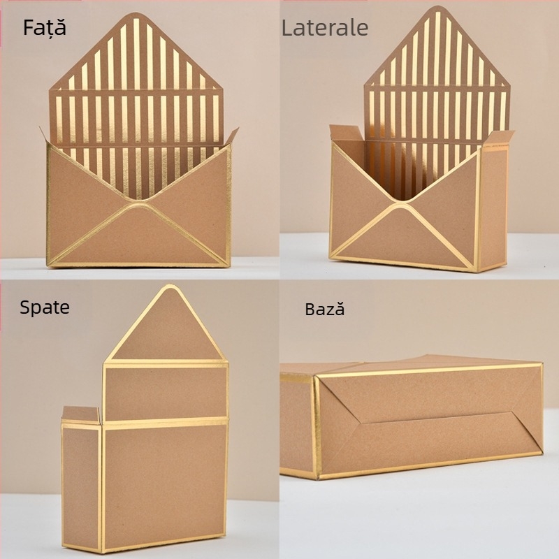 Cutie pentru flori cu design tip plic, handmade, model hot stamping envelope flower box, din carton alb de 600 g, ambalaj 12 bucăți, brand Qianxi packaging.