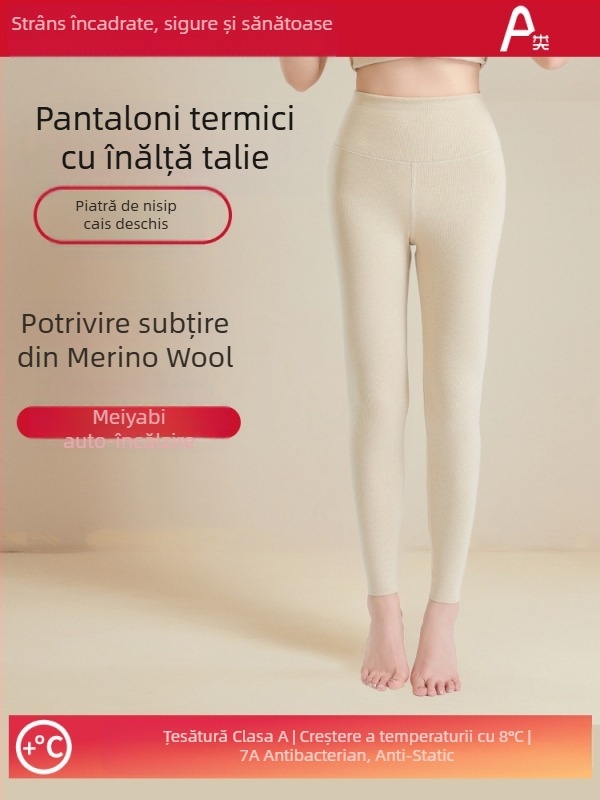 Pantaloni termici din lână pentru femei, talie înaltă, antibacterieni, ridicare a feselor, încălzire și susținere a abdomenului