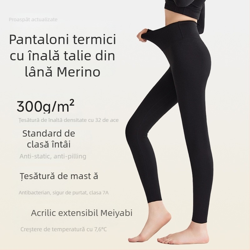 Pantaloni termici din lână pentru femei, talie înaltă, antibacterieni, ridicare a feselor, încălzire și susținere a abdomenului