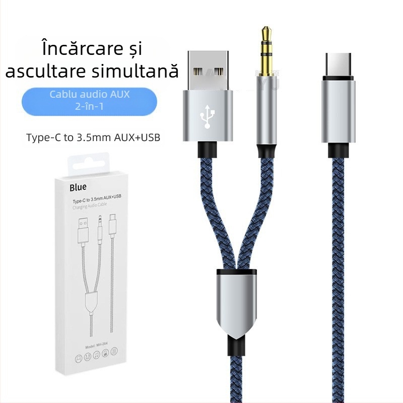 Neutral cablu audio AUX USB 2-în-1 împletit, Type-C la 3,5 mm, pentru muzică și apeluri