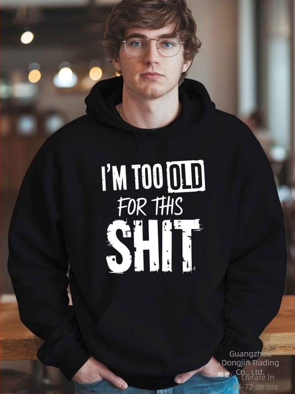 Hanorac cu glugă în stil coreean, imprimeu cu slogan, mâneci lungi, croială lejeră, material poliester