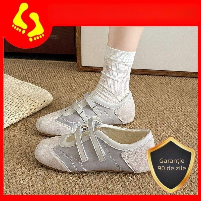 Pantofi sport femei, stil balet, cu partea superioară din velur, model cu dungi, închidere Velcro, talpă plată din cauciuc