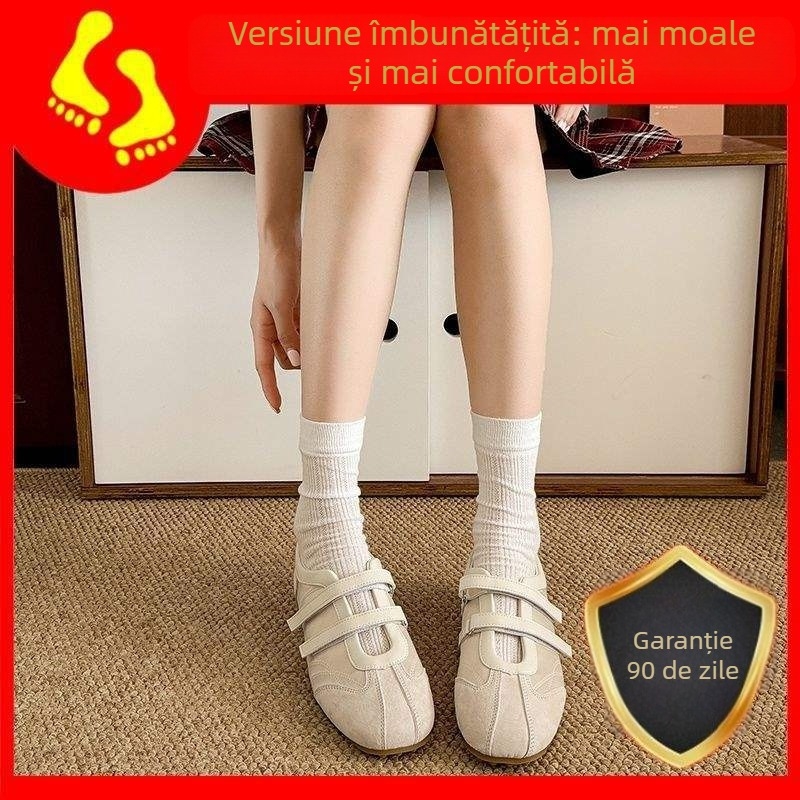 Pantofi sport femei, stil balet, cu partea superioară din velur, model cu dungi, închidere Velcro, talpă plată din cauciuc