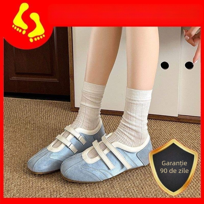 Pantofi sport femei, stil balet, cu partea superioară din velur, model cu dungi, închidere Velcro, talpă plată din cauciuc