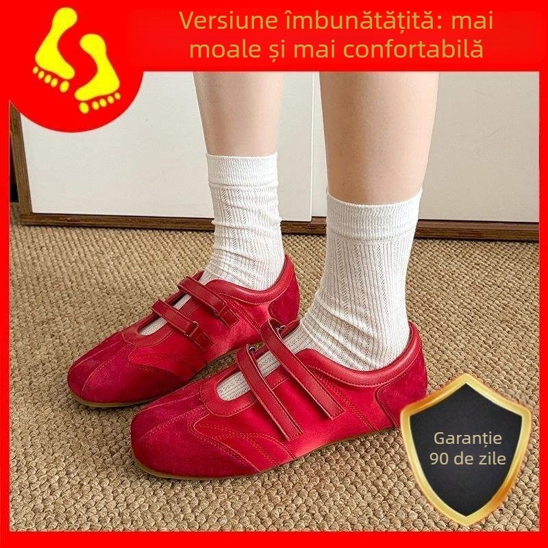 Pantofi sport femei, stil balet, cu partea superioară din velur, model cu dungi, închidere Velcro, talpă plată din cauciuc