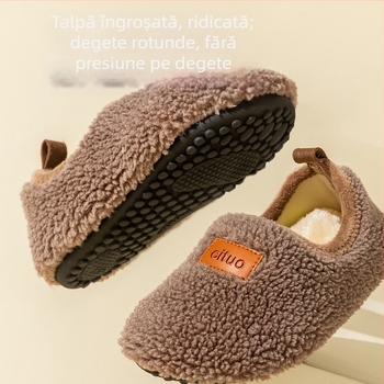 Pantofi de interior pentru copii, căptușiți cu fleece, talpă din cauciuc, îngroșați, pentru toamnă–iarna, culoare solidă