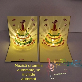 Felicitare de ziua de naștere cu design 3D decupat al tortului, iluminare muzicală, din hârtie specială, imprimare cu fier încins, stil clasic chinezesc