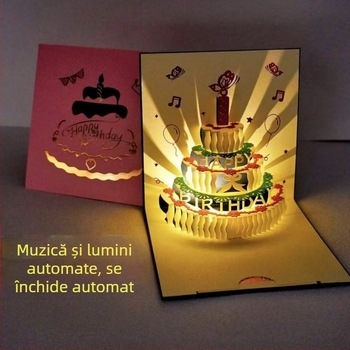 Felicitare de ziua de naștere cu design 3D decupat al tortului, iluminare muzicală, din hârtie specială, imprimare cu fier încins, stil clasic chinezesc