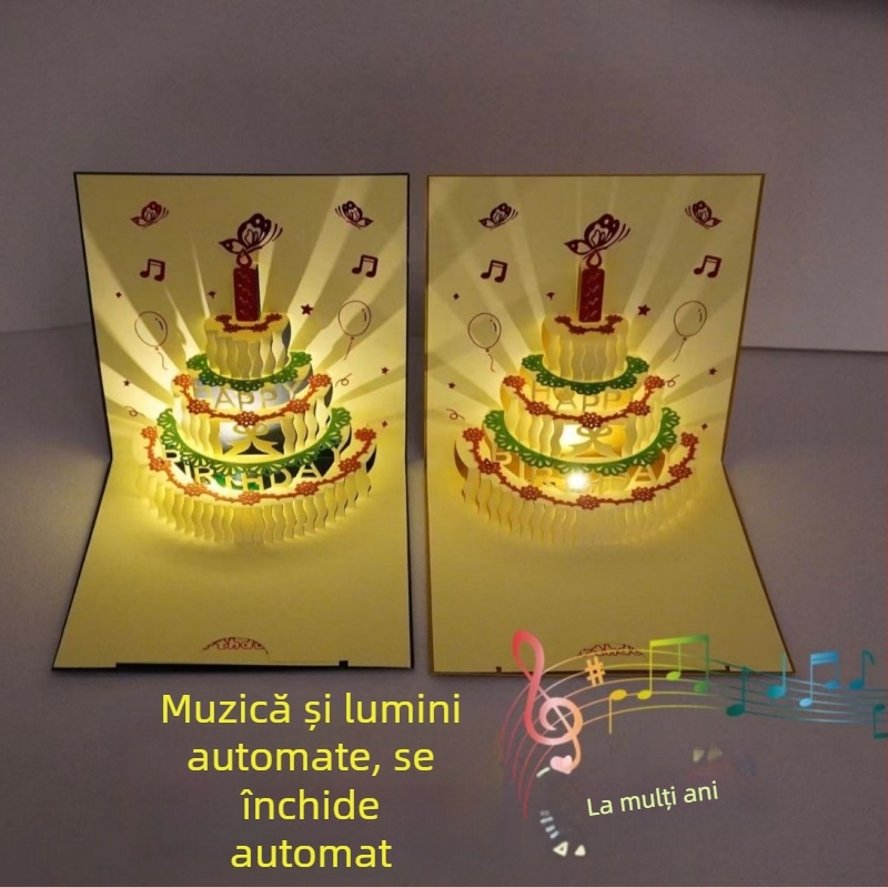Felicitare de ziua de naștere cu design 3D decupat al tortului, iluminare muzicală, din hârtie specială, imprimare cu fier încins, stil clasic chinezesc