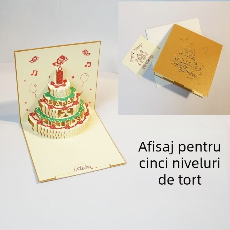 Felicitare de ziua de naștere cu design 3D decupat al tortului, iluminare muzicală, din hârtie specială, imprimare cu fier încins, stil clasic chinezesc