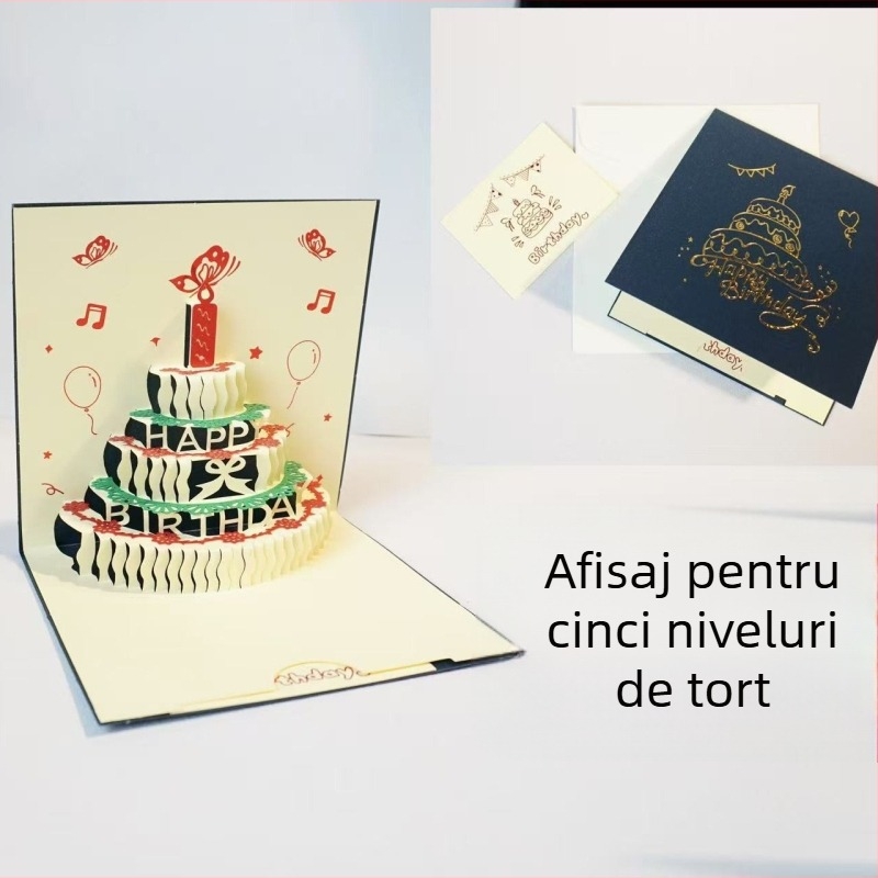 Felicitare de ziua de naștere cu design 3D decupat al tortului, iluminare muzicală, din hârtie specială, imprimare cu fier încins, stil clasic chinezesc