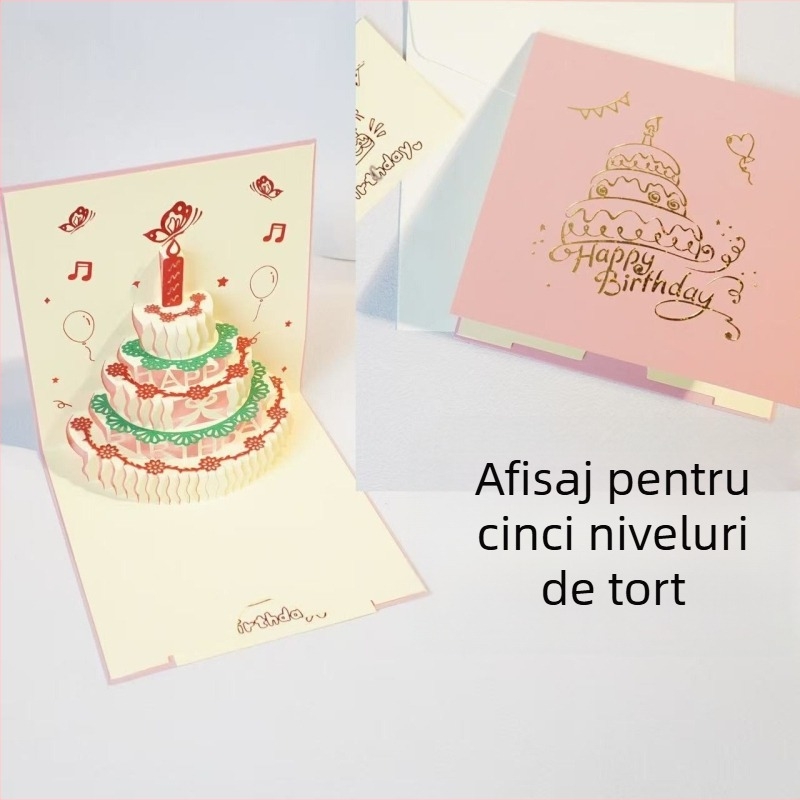 Felicitare de ziua de naștere cu design 3D decupat al tortului, iluminare muzicală, din hârtie specială, imprimare cu fier încins, stil clasic chinezesc