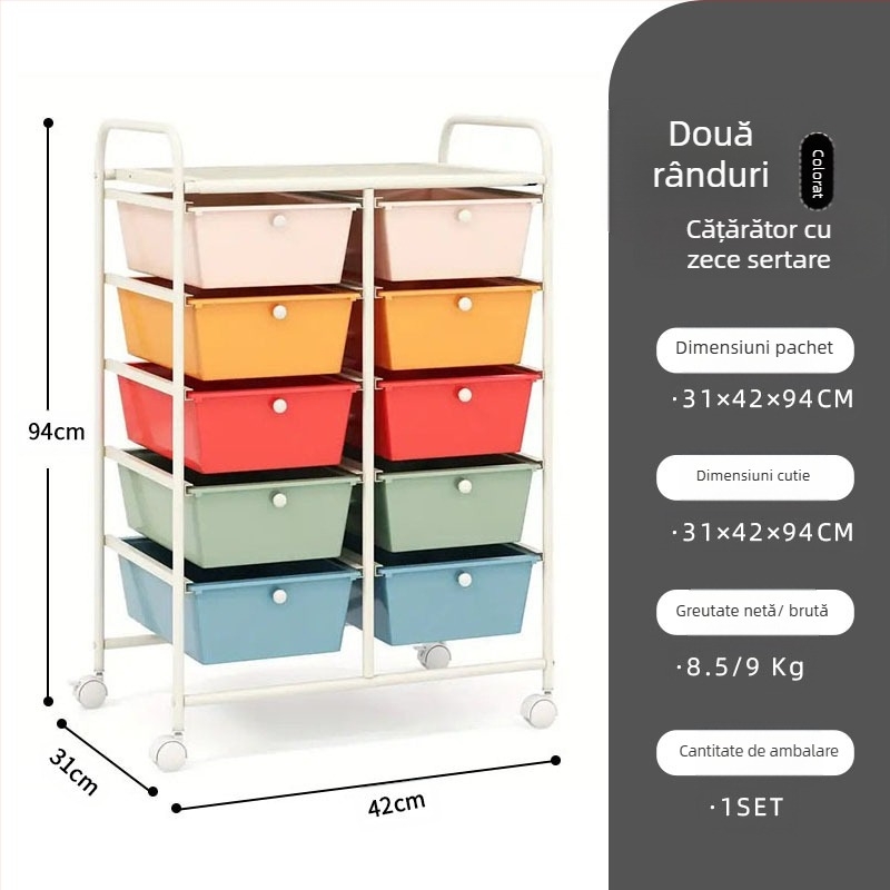 Căruț de depozitare din plastic, 5 etaje, cu două rânduri de 10 sertare, mobil, pentru podea